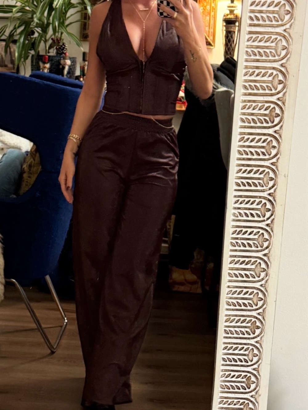 Wide-Leg Satin Pants in Deep Burgundy with matching corset top snake skin